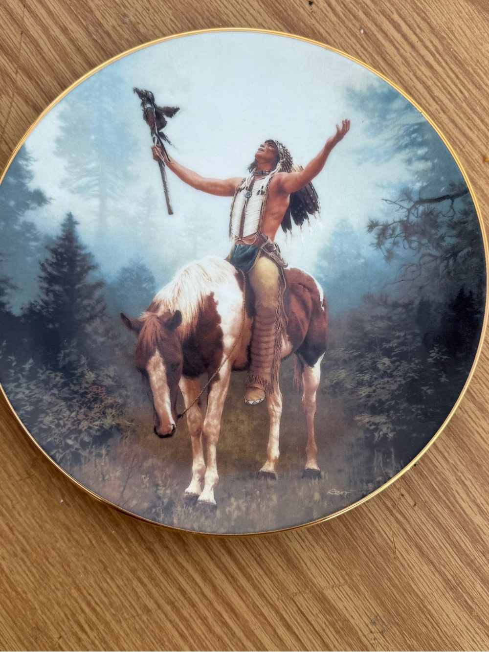 Decorative Ceramic Plate with Native American Horseman — Brown & White